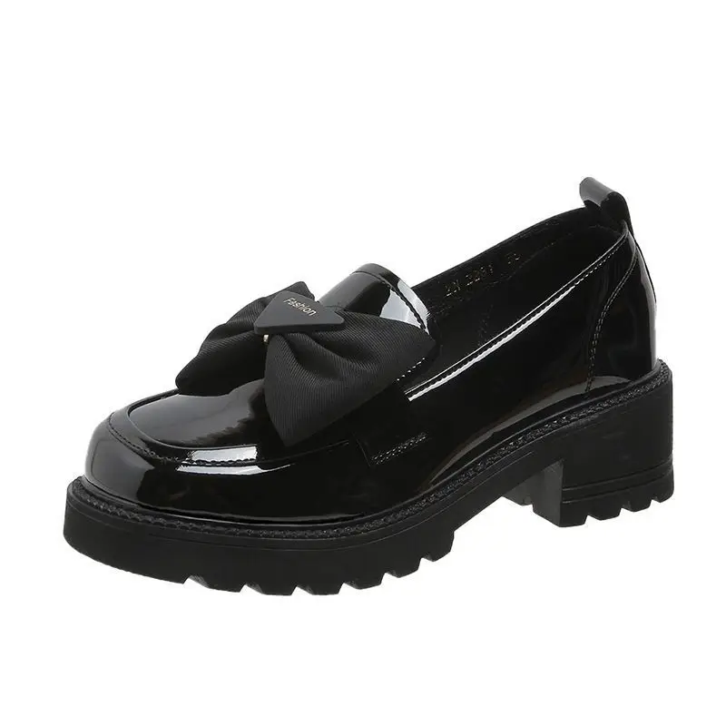 Soft Leather Single-layer Shoes Women's Thick-soled Loafers 2023 New Summer Mid-heel Women's Shoes Bow Bright Leather Shoes Women's Petite - Image 6