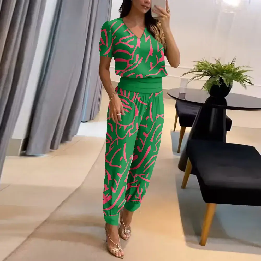 Cross-Border V Neck Printed Pants Suit Two-Piece Set - Image 12