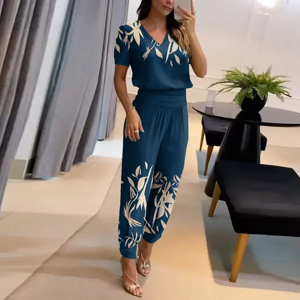Cross-Border V Neck Printed Pants Suit Two-Piece Set - Image 13
