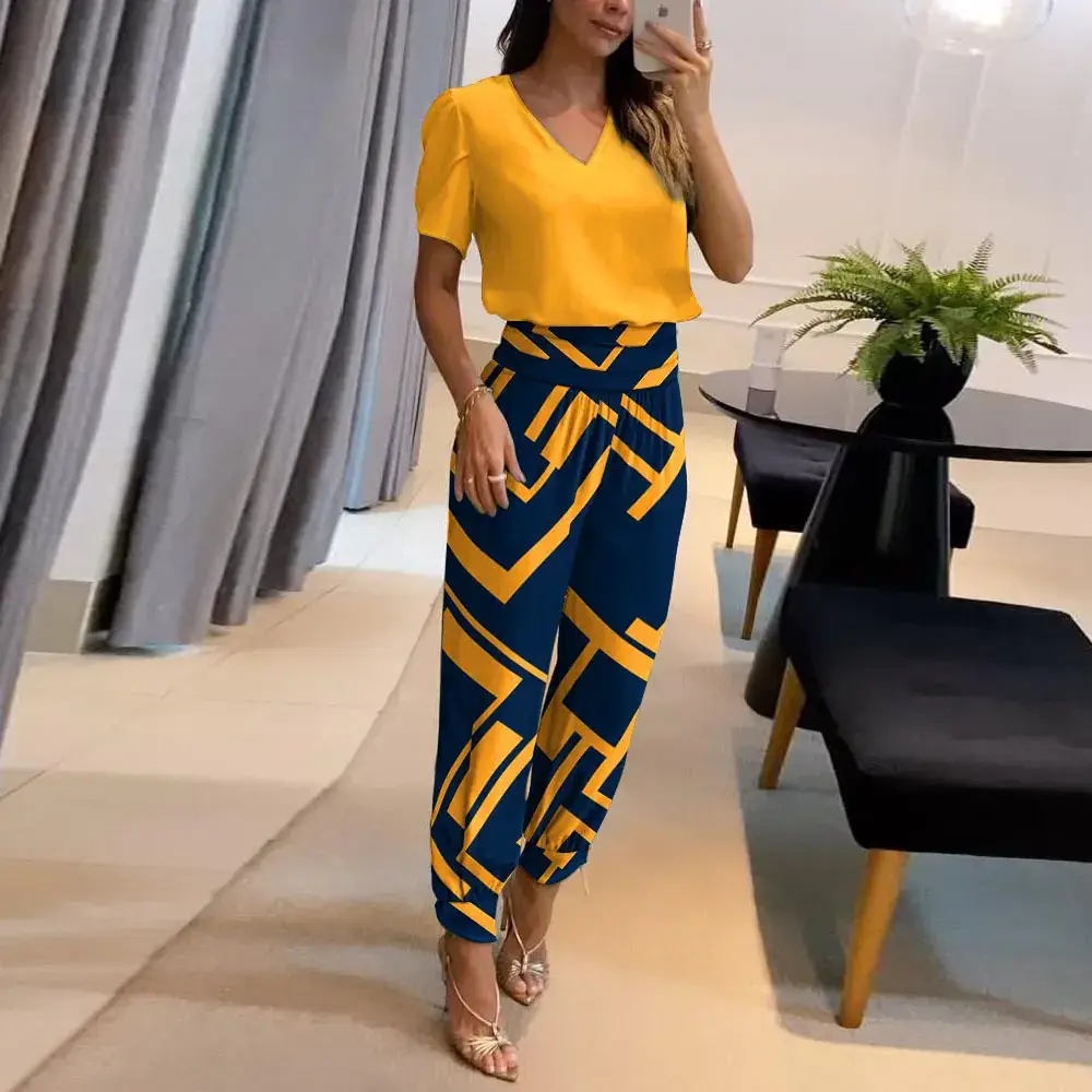 Cross-Border V Neck Printed Pants Suit Two-Piece Set - Image 14