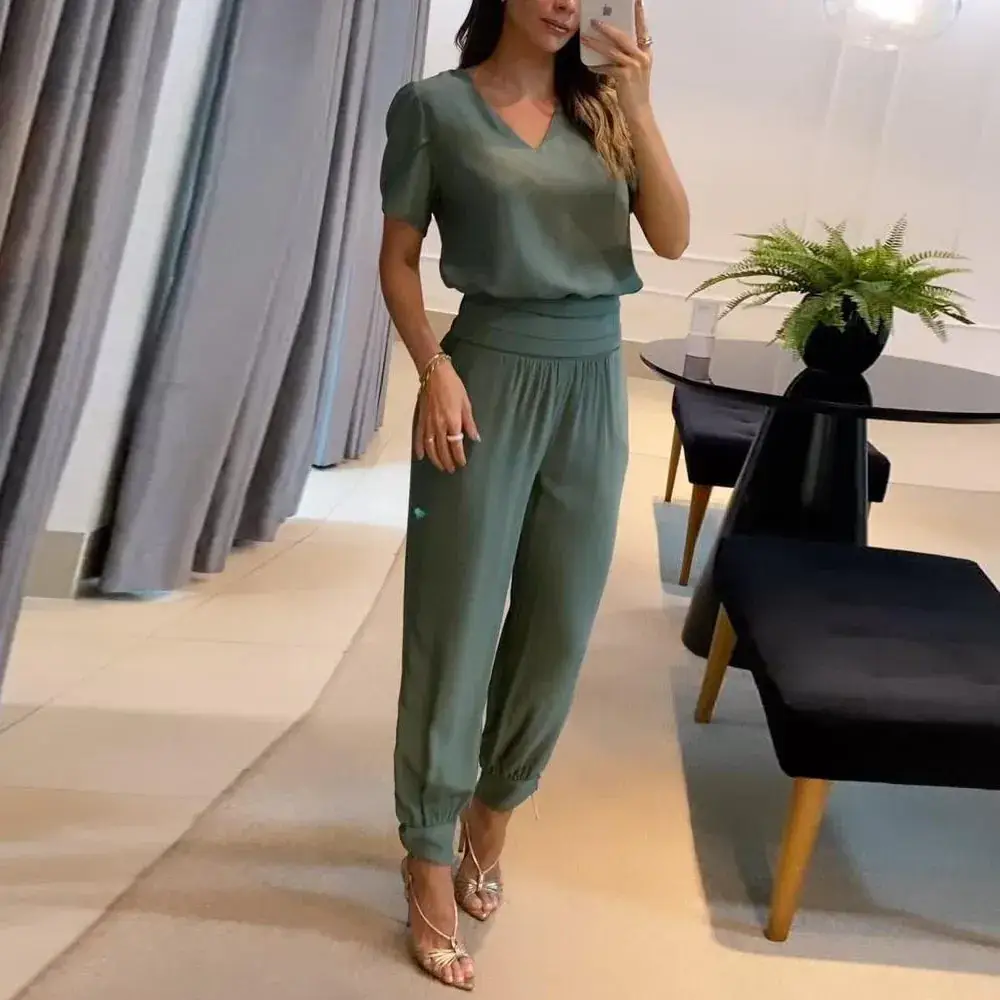 Cross-Border V Neck Printed Pants Suit Two-Piece Set — feature 10