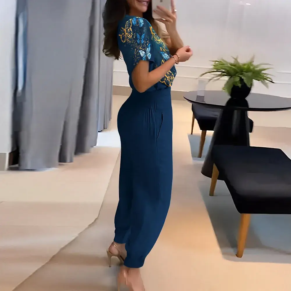 Cross-Border V Neck Printed Pants Suit Two-Piece Set — feature 2