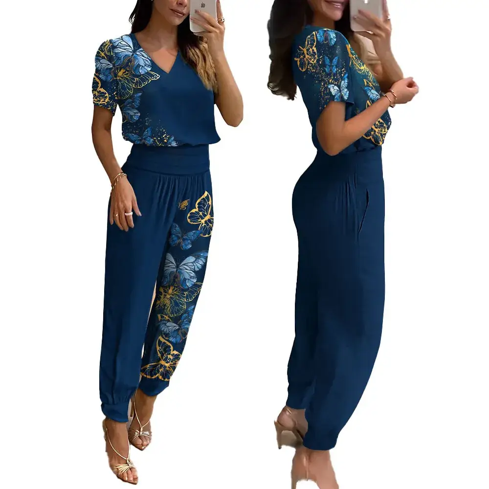 Cross-Border V Neck Printed Pants Suit Two-Piece Set — feature 6