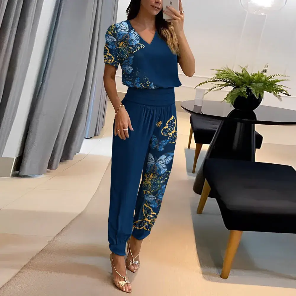 Cross-Border V Neck Printed Pants Suit Two-Piece Set — feature 9