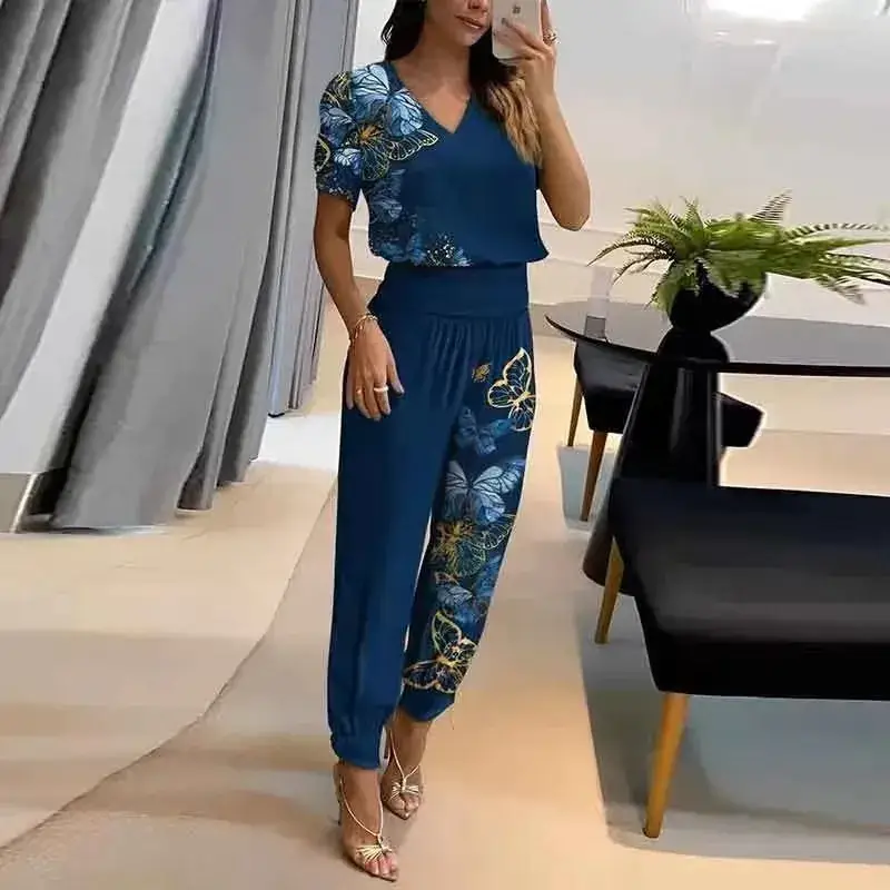 Cross-Border V Neck Printed Pants Suit Two-Piece Set - Image 10