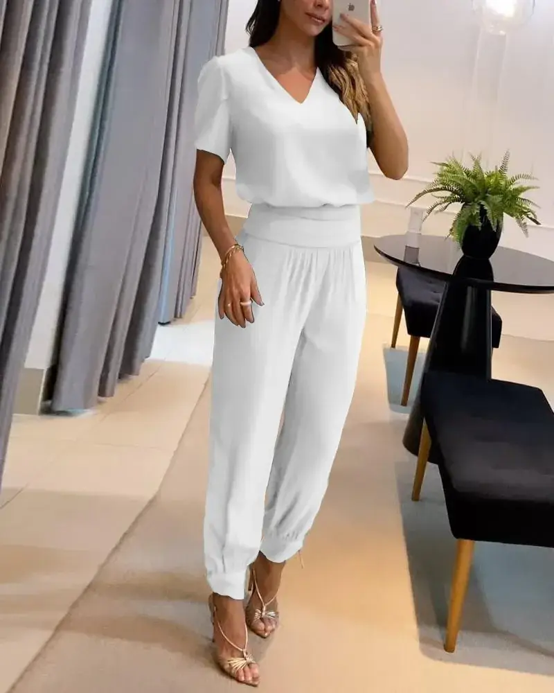 Cross-Border V Neck Printed Pants Suit Two-Piece Set - Image 7