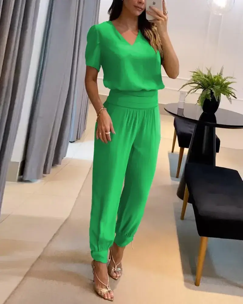 Cross-Border V Neck Printed Pants Suit Two-Piece Set - Image 8