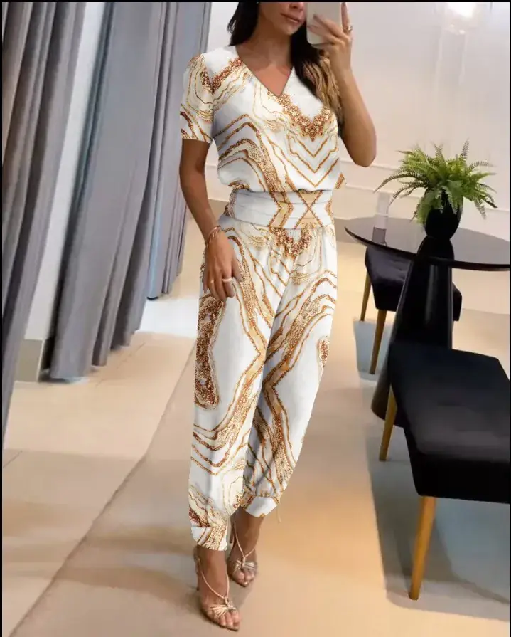 Cross-Border V Neck Printed Pants Suit Two-Piece Set - Image 9