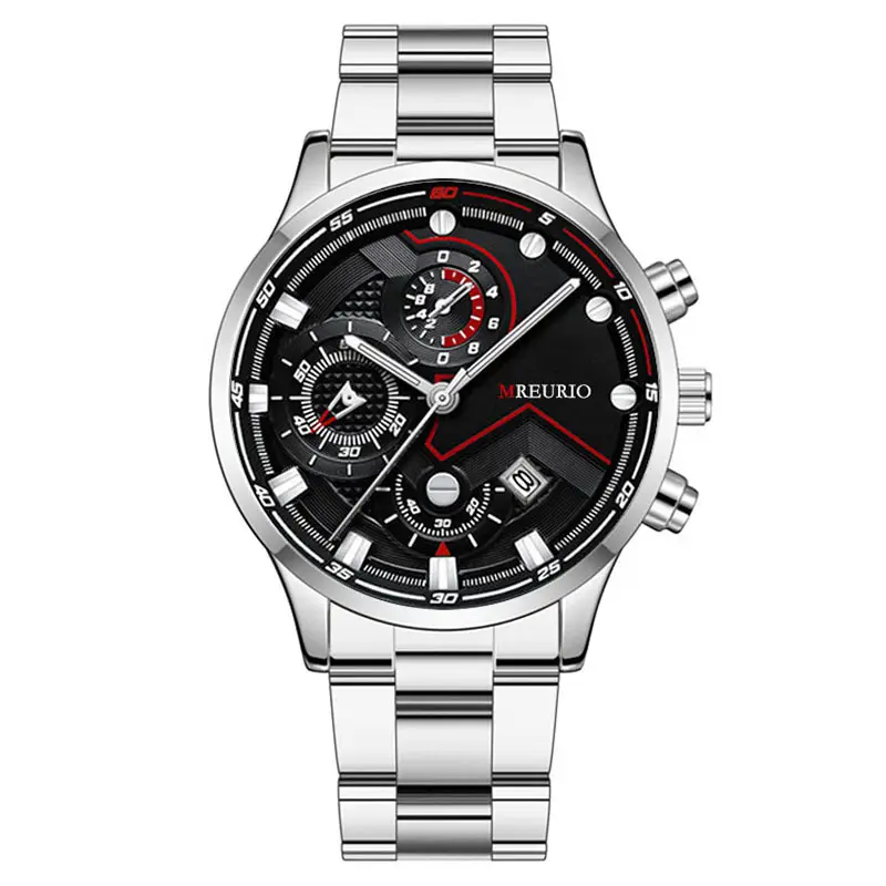 Men's Chronograph Watch Black Red Dial Stainless Steel Strap