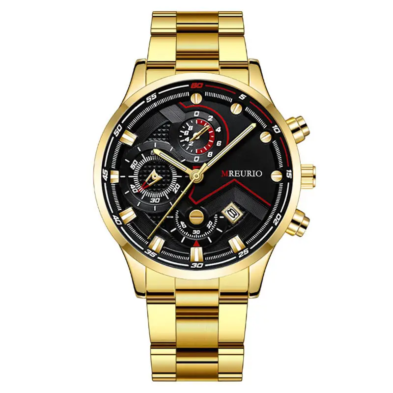 Men's Chronograph Watch Black Red Dial Stainless Steel Strap