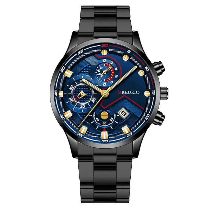 Men's Chronograph Watch Black Red Dial Stainless Steel Strap