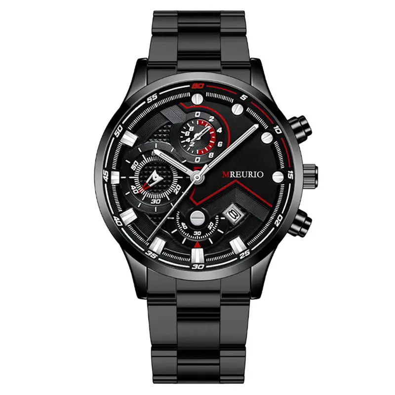 Men's Chronograph Watch Black Red Dial Stainless Steel Strap