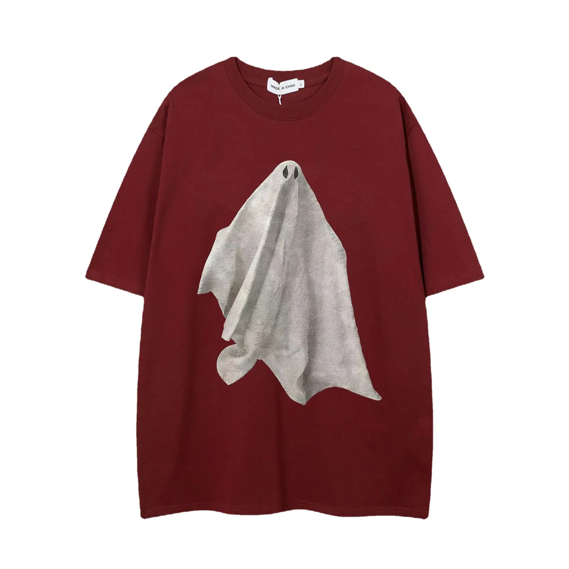 Men Women Cotton Ghost Print T-Shirt Brown Loose Fit - Image 10