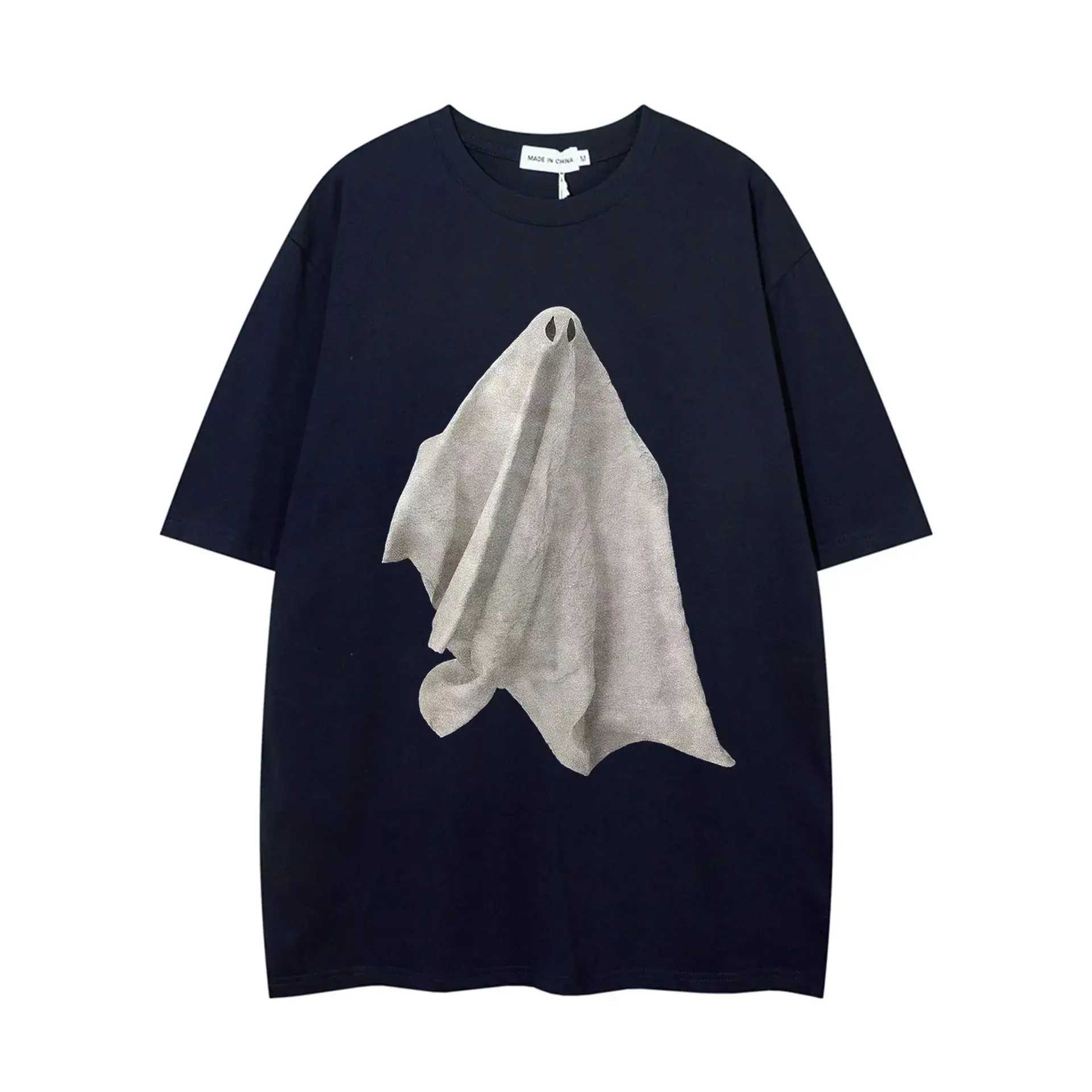 Men Women Cotton Ghost Print T-Shirt Brown Loose Fit - Image 6