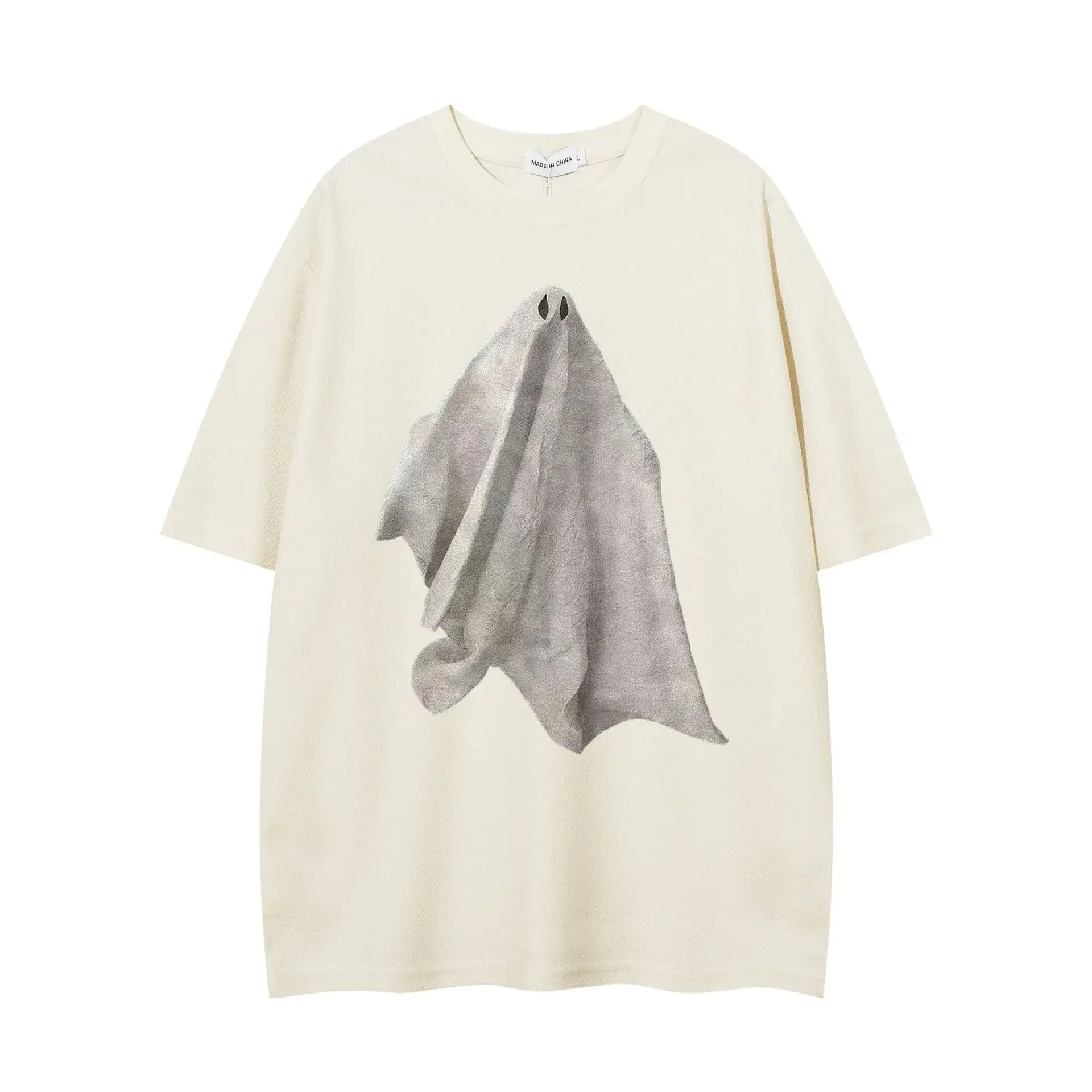 Men Women Cotton Ghost Print T-Shirt Brown Loose Fit - Image 8