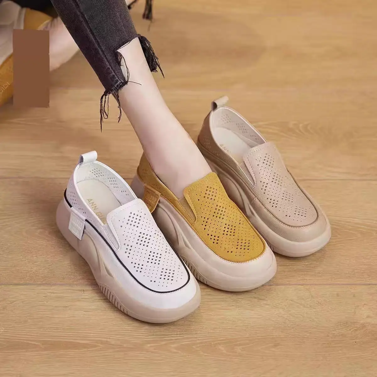 Women's 2024 Slip-On White Hollow Loafers Thick Sole — feature 1