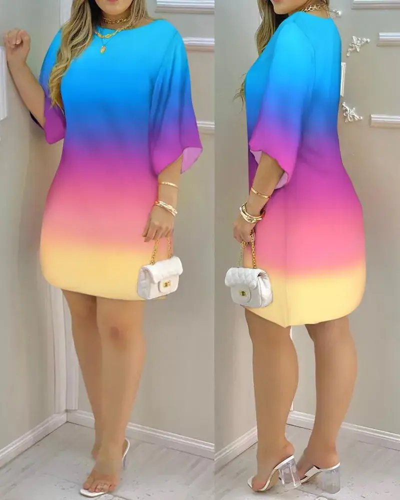 Women Gradient Print Dress Blue Pink Yellow - Image 5