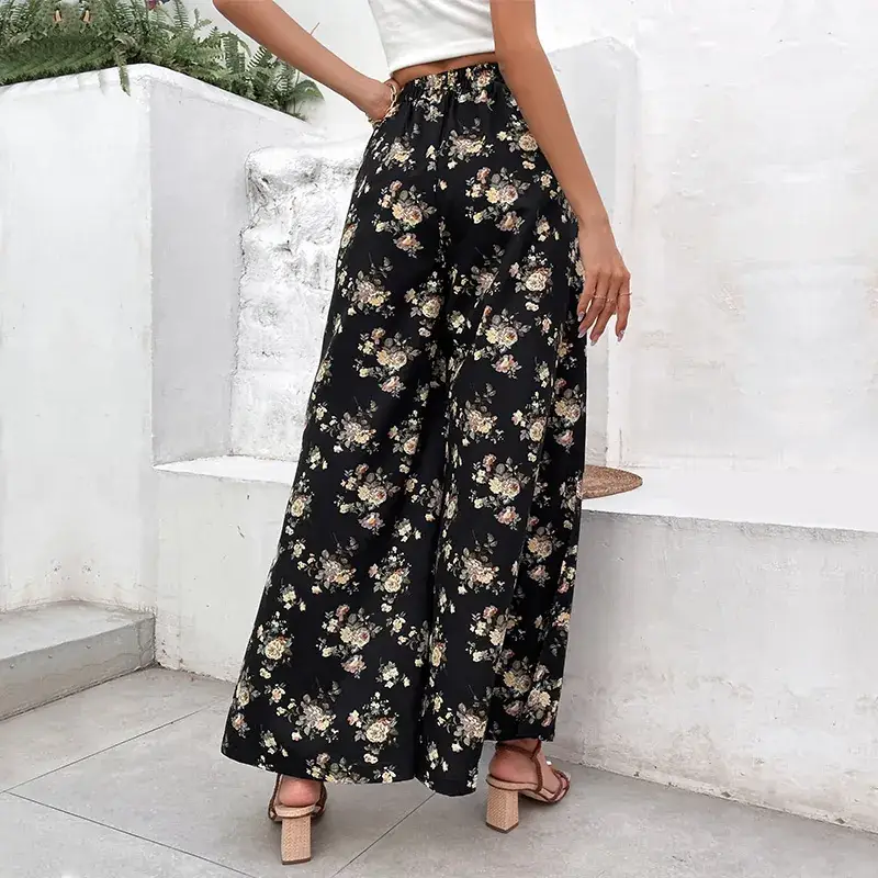 Black Floral Wide Leg Pants for Women Summer