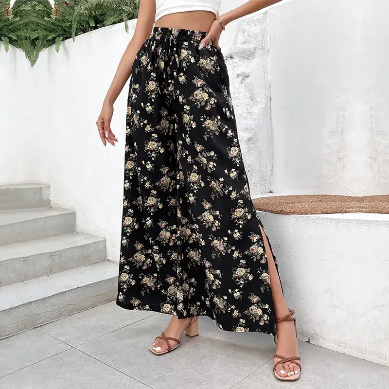 Black Floral Wide Leg Pants for Women Summer