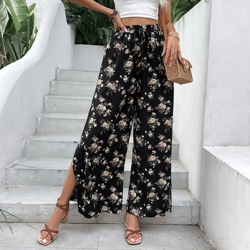 Black Floral Wide Leg Pants for Women Summer