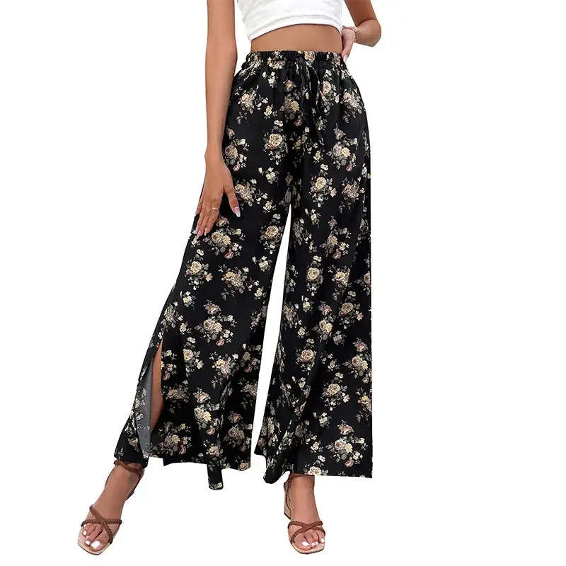 Black Floral Wide Leg Pants for Women Summer