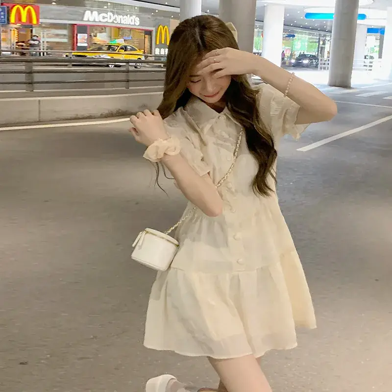 Puff Sleeve French Dress Summer Polo Collar Slim Shirt A-Line Short Skirt Trendy Girl Dress - Image 5