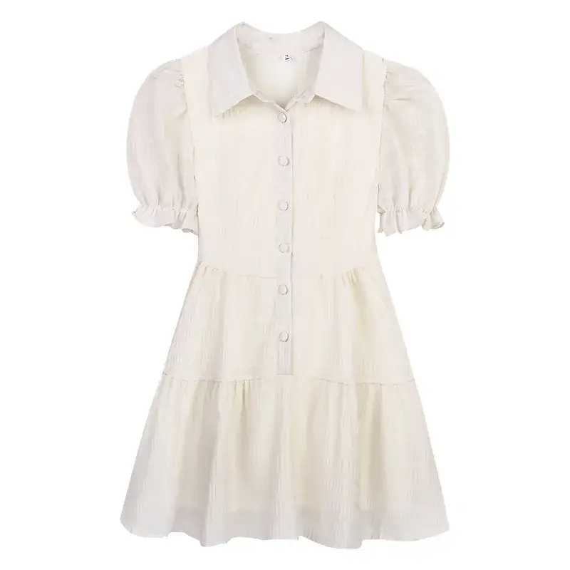 Puff Sleeve French Dress Summer Polo Collar Slim Shirt A-Line Short Skirt Trendy Girl Dress - Image 6