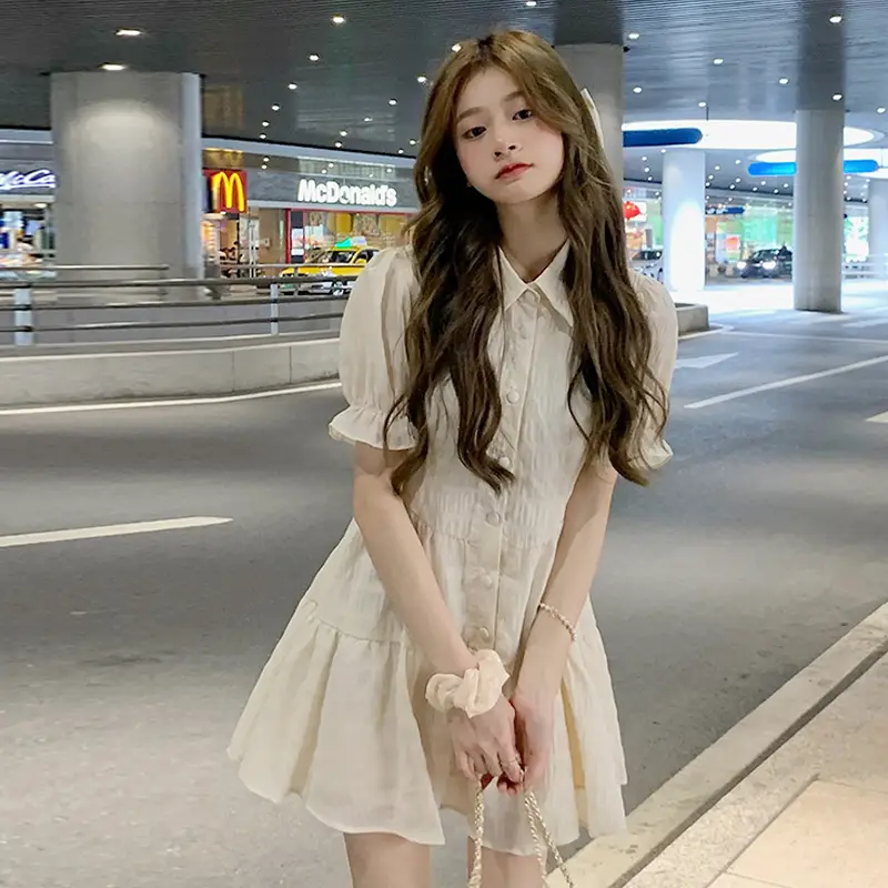 Puff Sleeve French Dress Summer Polo Collar Slim Shirt A-Line Short Skirt Trendy Girl Dress — feature 1