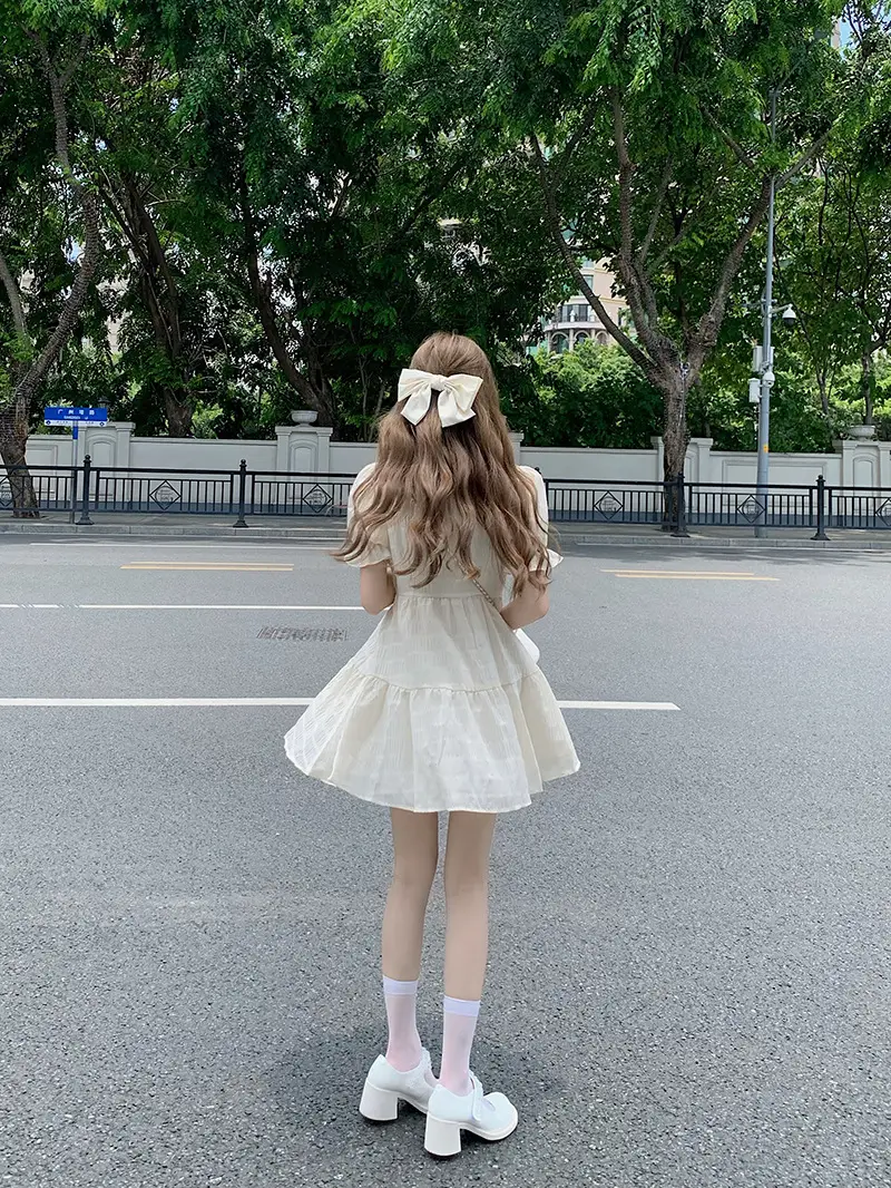 Puff Sleeve French Dress Summer Polo Collar Slim Shirt A-Line Short Skirt Trendy Girl Dress — feature 10