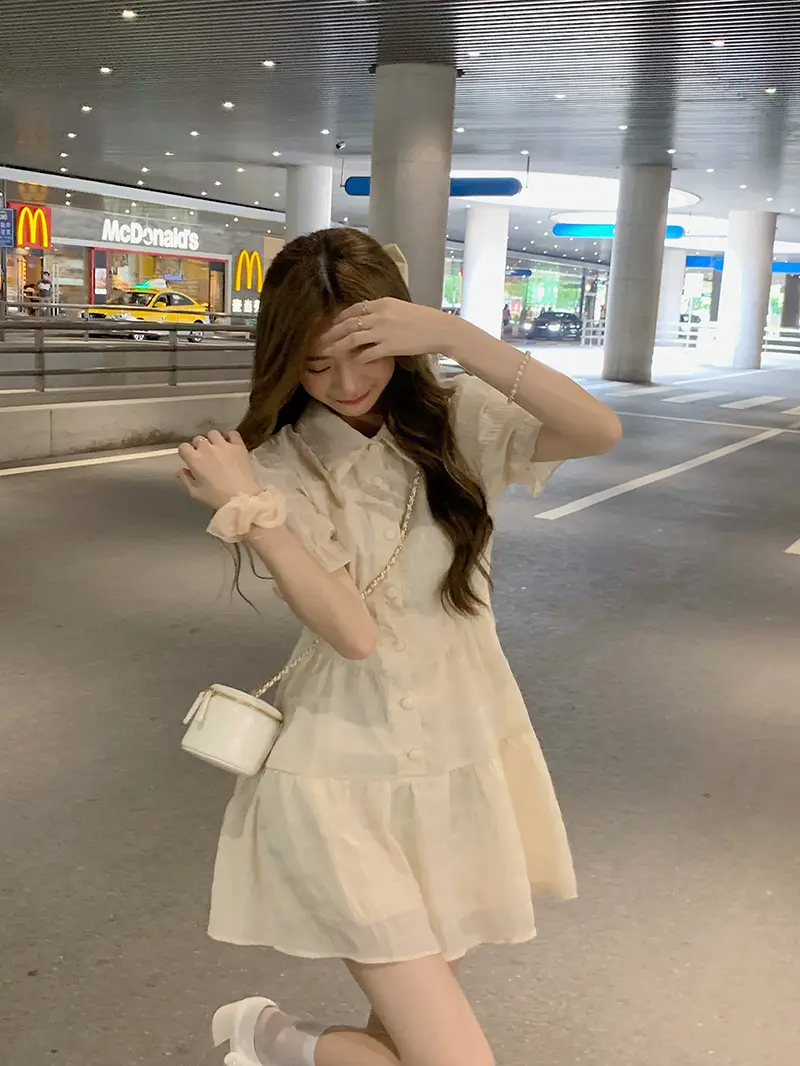 Puff Sleeve French Dress Summer Polo Collar Slim Shirt A-Line Short Skirt Trendy Girl Dress — feature 11