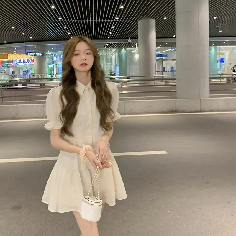 Puff Sleeve French Dress Summer Polo Collar Slim Shirt A-Line Short Skirt Trendy Girl Dress — feature 12