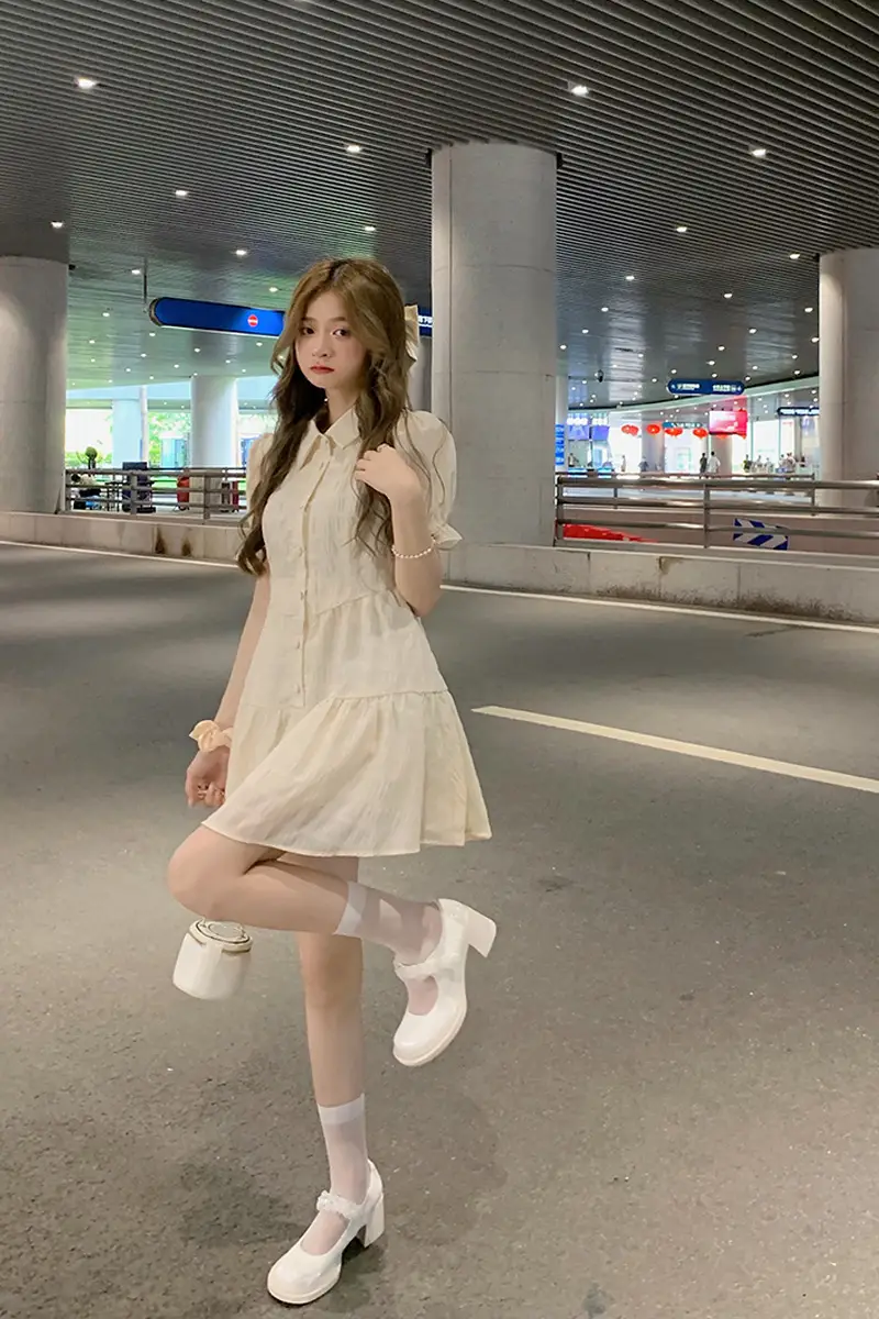 Puff Sleeve French Dress Summer Polo Collar Slim Shirt A-Line Short Skirt Trendy Girl Dress — feature 13