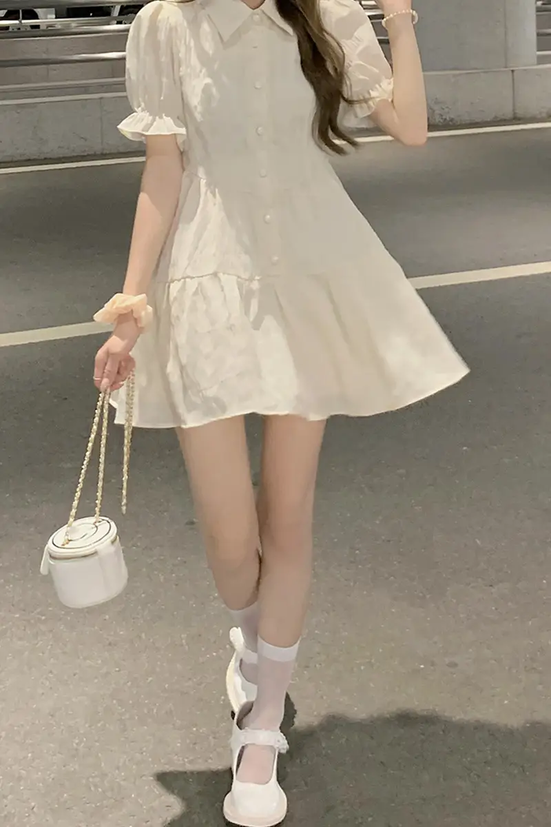 Puff Sleeve French Dress Summer Polo Collar Slim Shirt A-Line Short Skirt Trendy Girl Dress — feature 14