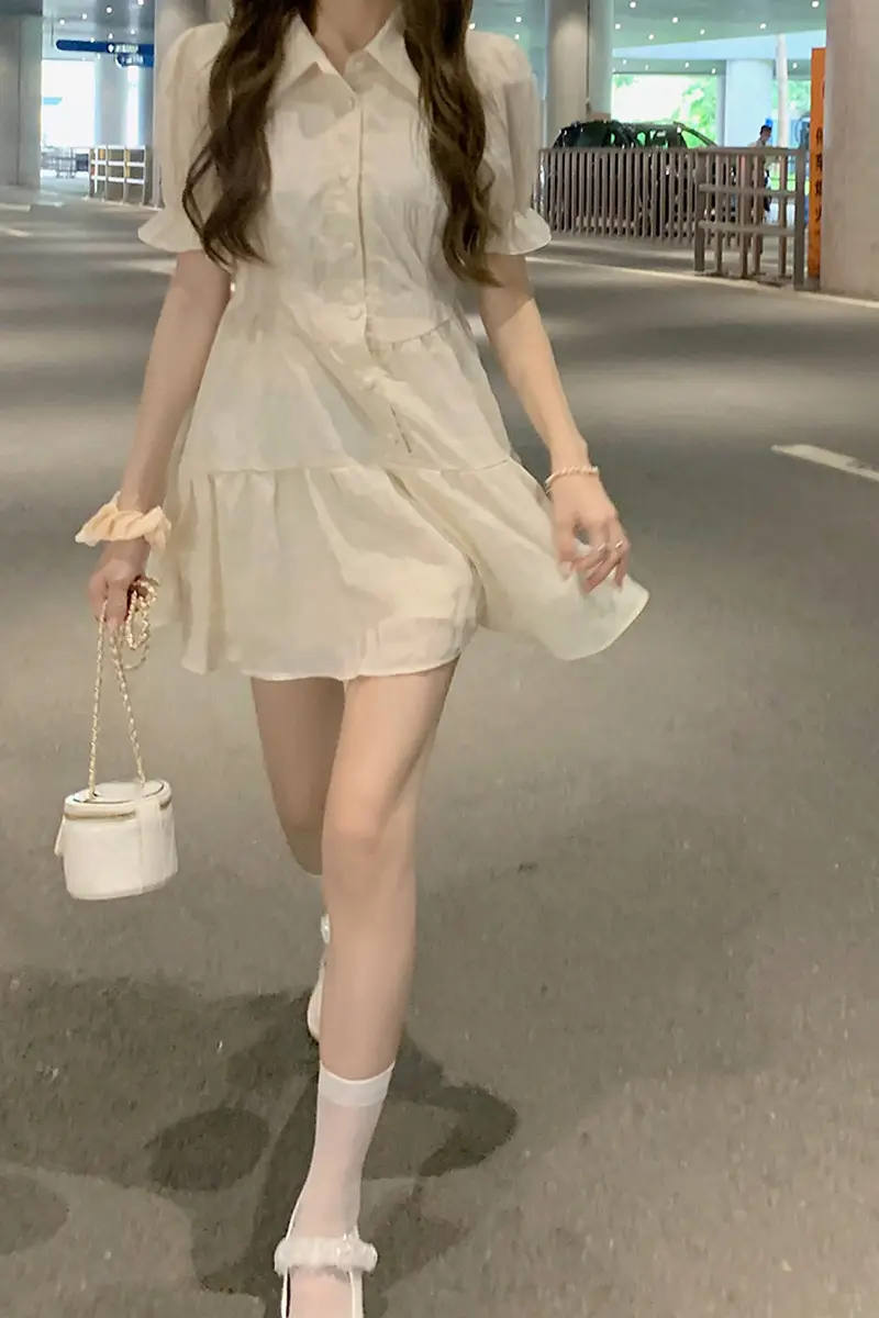 Puff Sleeve French Dress Summer Polo Collar Slim Shirt A-Line Short Skirt Trendy Girl Dress — feature 15