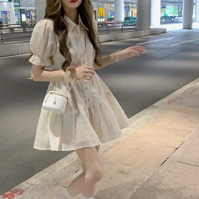Puff Sleeve French Dress Summer Polo Collar Slim Shirt A-Line Short Skirt Trendy Girl Dress — feature 16