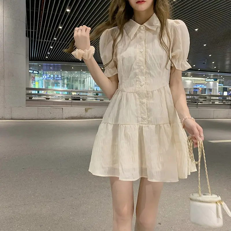 Puff Sleeve French Dress Summer Polo Collar Slim Shirt A-Line Short Skirt Trendy Girl Dress — feature 17