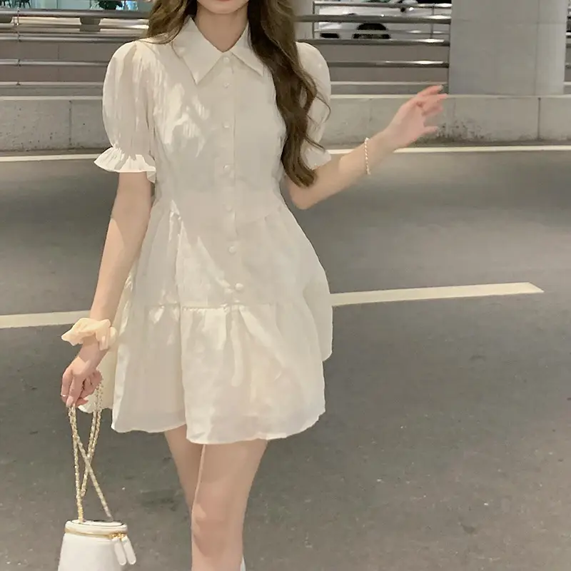 Puff Sleeve French Dress Summer Polo Collar Slim Shirt A-Line Short Skirt Trendy Girl Dress — feature 18