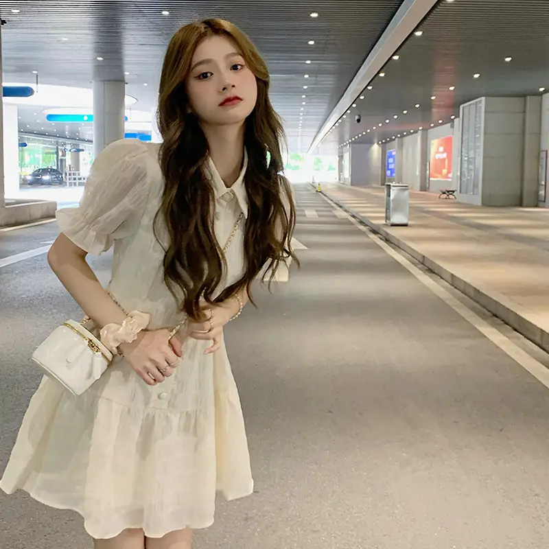 Puff Sleeve French Dress Summer Polo Collar Slim Shirt A-Line Short Skirt Trendy Girl Dress — feature 19