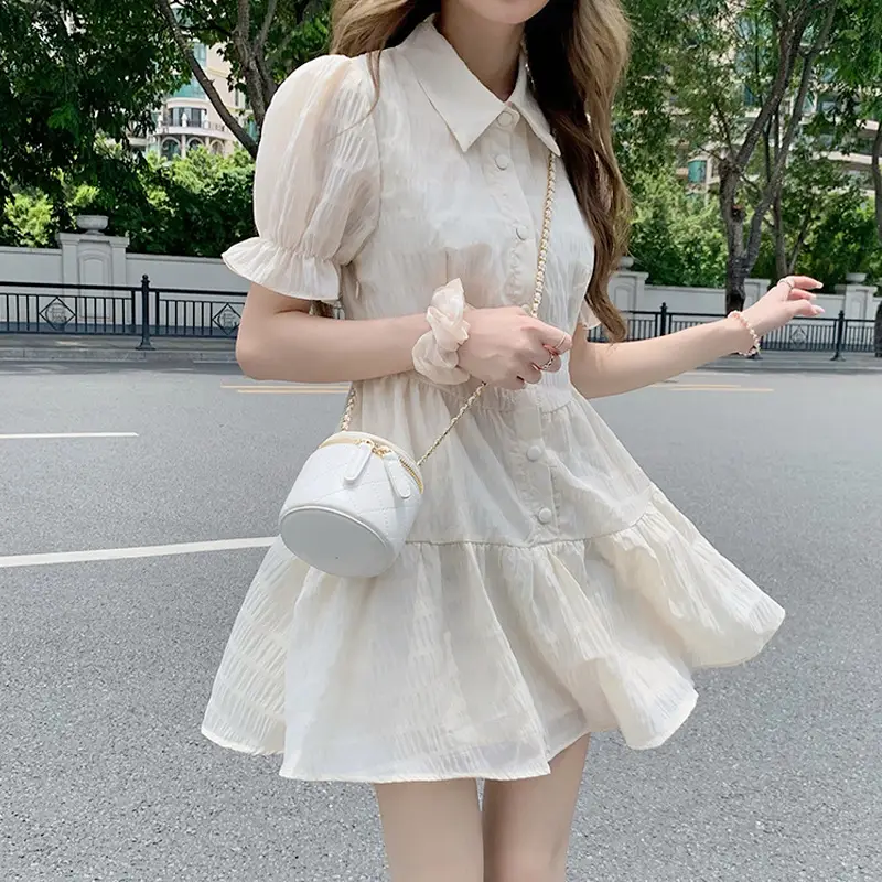 Puff Sleeve French Dress Summer Polo Collar Slim Shirt A-Line Short Skirt Trendy Girl Dress — feature 20