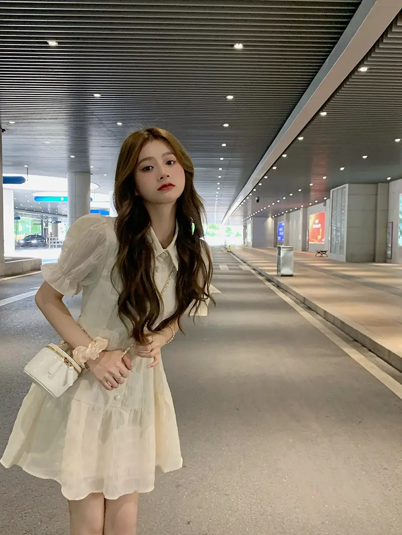 Puff Sleeve French Dress Summer Polo Collar Slim Shirt A-Line Short Skirt Trendy Girl Dress — feature 5