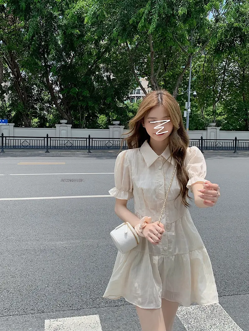 Puff Sleeve French Dress Summer Polo Collar Slim Shirt A-Line Short Skirt Trendy Girl Dress — feature 6