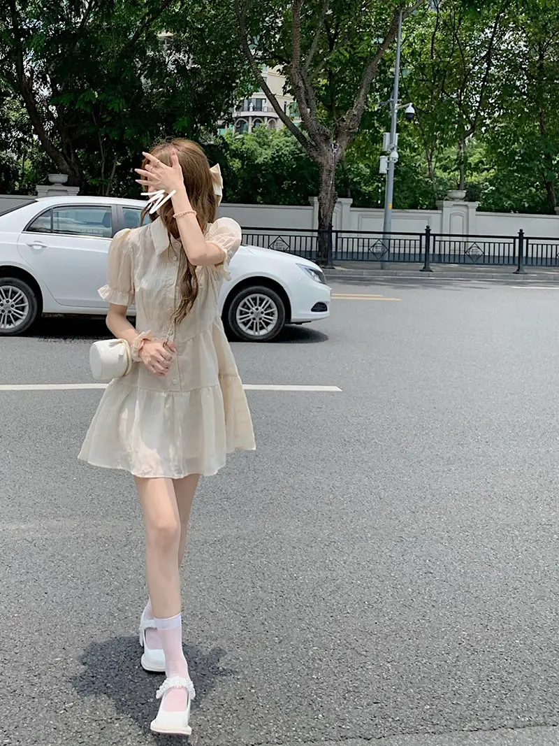Puff Sleeve French Dress Summer Polo Collar Slim Shirt A-Line Short Skirt Trendy Girl Dress — feature 7