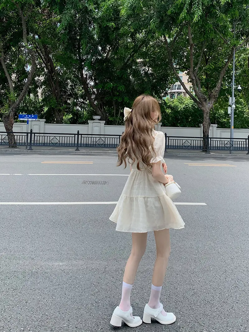 Puff Sleeve French Dress Summer Polo Collar Slim Shirt A-Line Short Skirt Trendy Girl Dress — feature 8