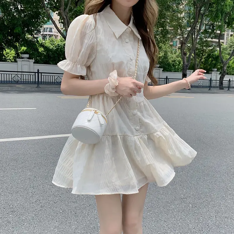 Puff Sleeve French Dress Summer Polo Collar Slim Shirt A-Line Short Skirt Trendy Girl Dress — feature 9