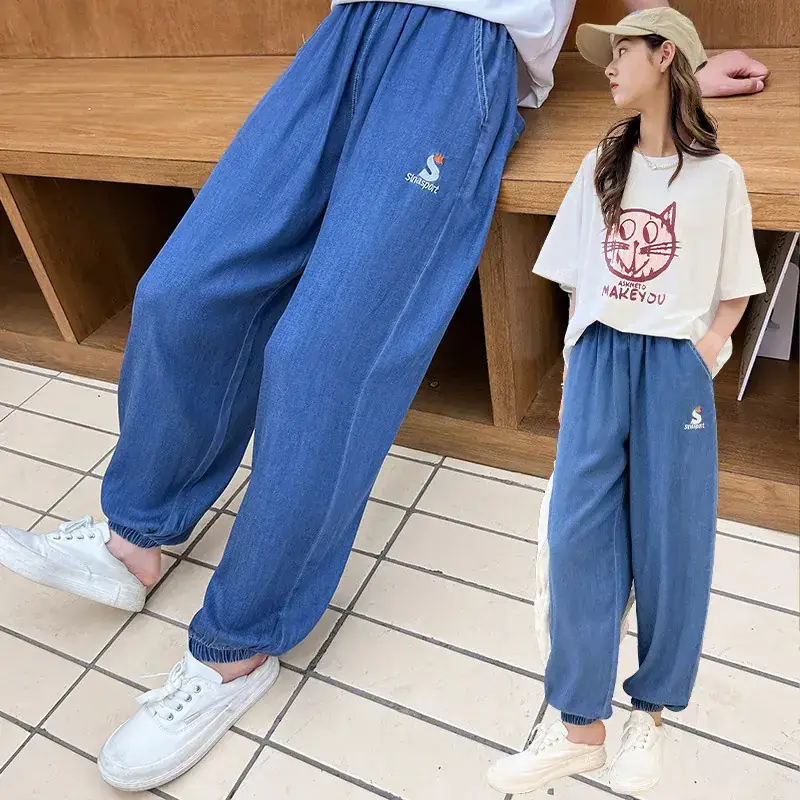 Girls Blue Cotton Trousers Summer Wear Large