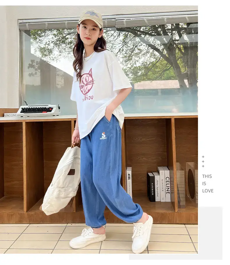 Girls Blue Cotton Trousers Summer Wear Large — feature 8