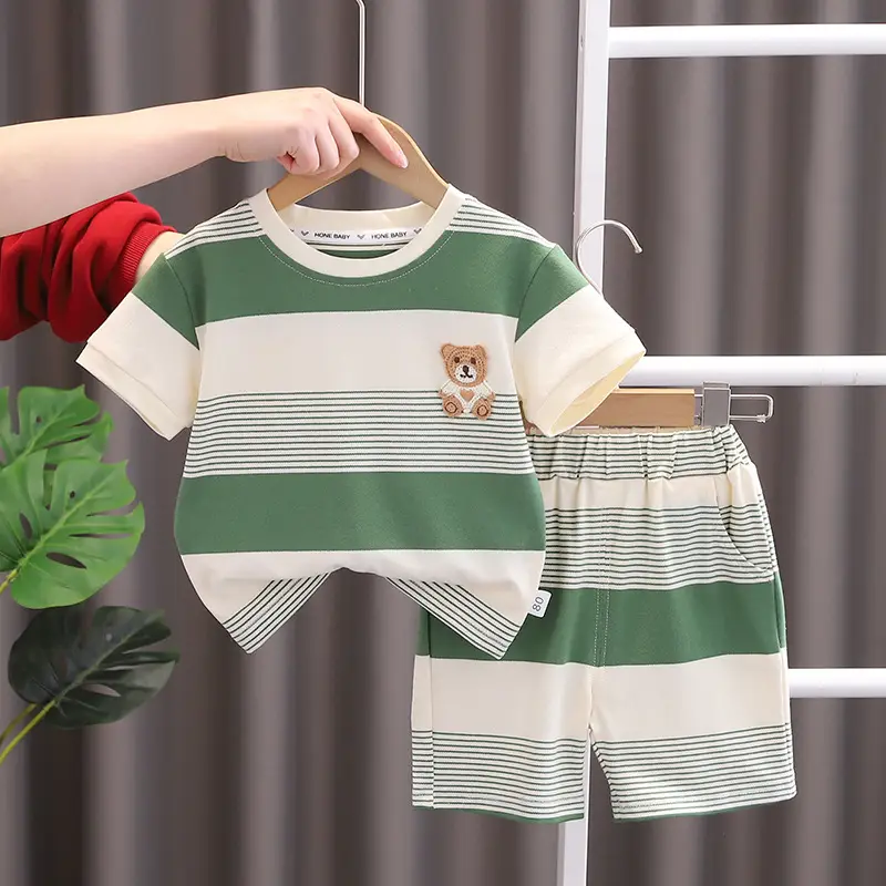 Children Striped Shorts Set Brown Cream Cotton Summer Suit