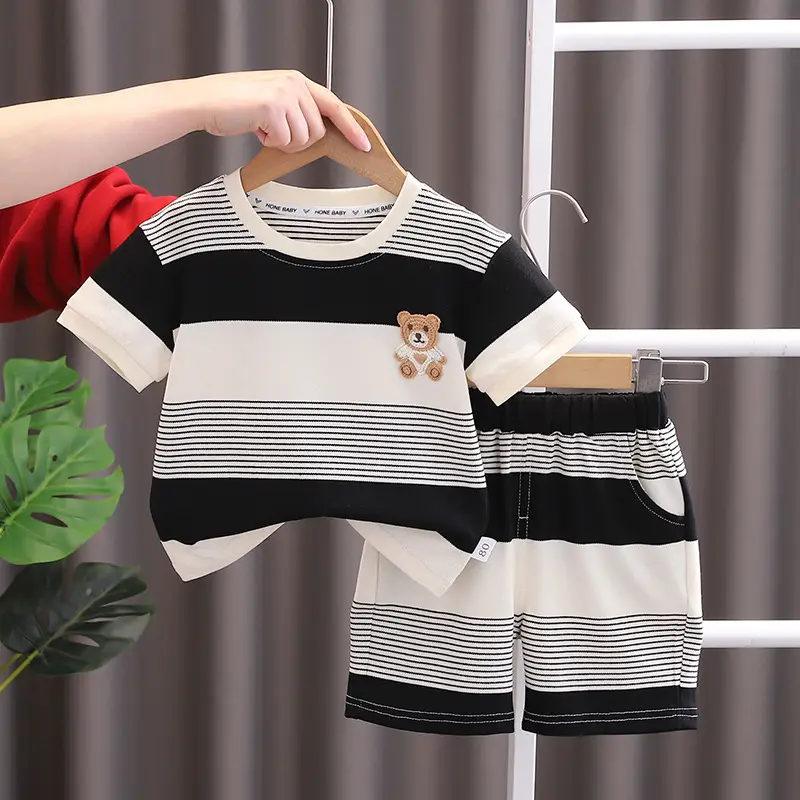 Children Striped Shorts Set Brown Cream Cotton Summer Suit