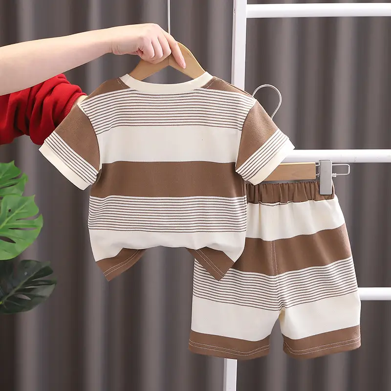 Children Striped Shorts Set Brown Cream Cotton Summer Suit