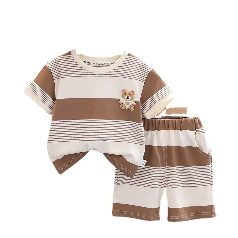 Children Striped Shorts Set Brown Cream Cotton Summer Suit
